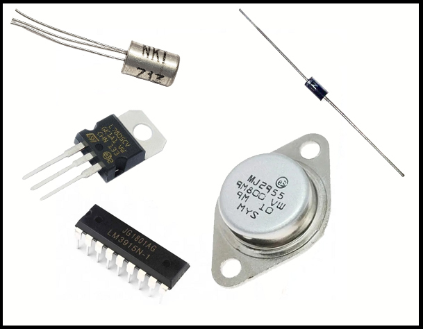Semiconductors: Transistors, Diodes, Thryristors, Triacs, ICs etc